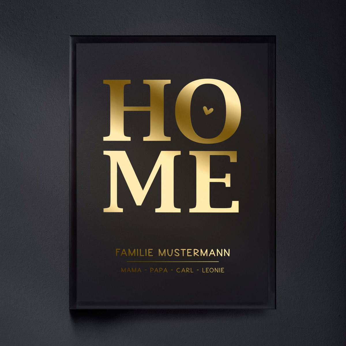 Personalisiertes Familienposter HOME – mit Familienname & Namen | Folienprägung | DIN A4, goldenes Design.