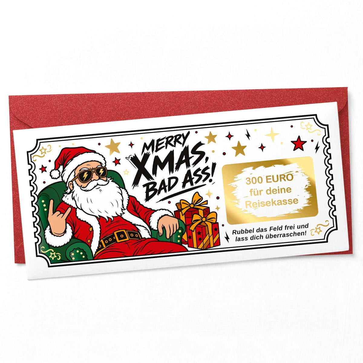 Rubbelkarte Weihnachten „Merry Xmas, Bad Ass!“ mit Rocker-Weihnachtsmann und Wunschtext im goldenen Rubbelfeld auf rotem Umschlag – DIN lang – KuschelICH