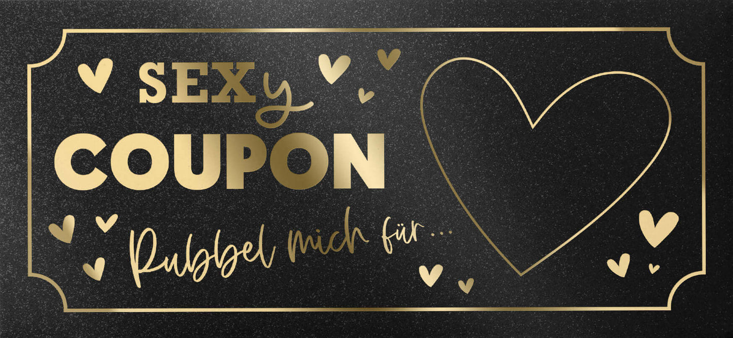 Rubbelkarte personalisiert mit goldenen Schriftzügen, Herzen und dem Aufdruck "SEXY COUPON" auf schwarzem Hintergrund.