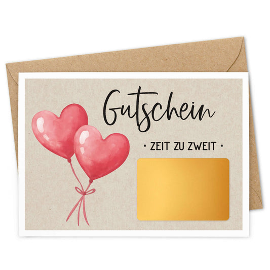 Rubbel Gutschein Zeit zu Zweit mit Herzballons und goldfarbenem Rubbelfeld.