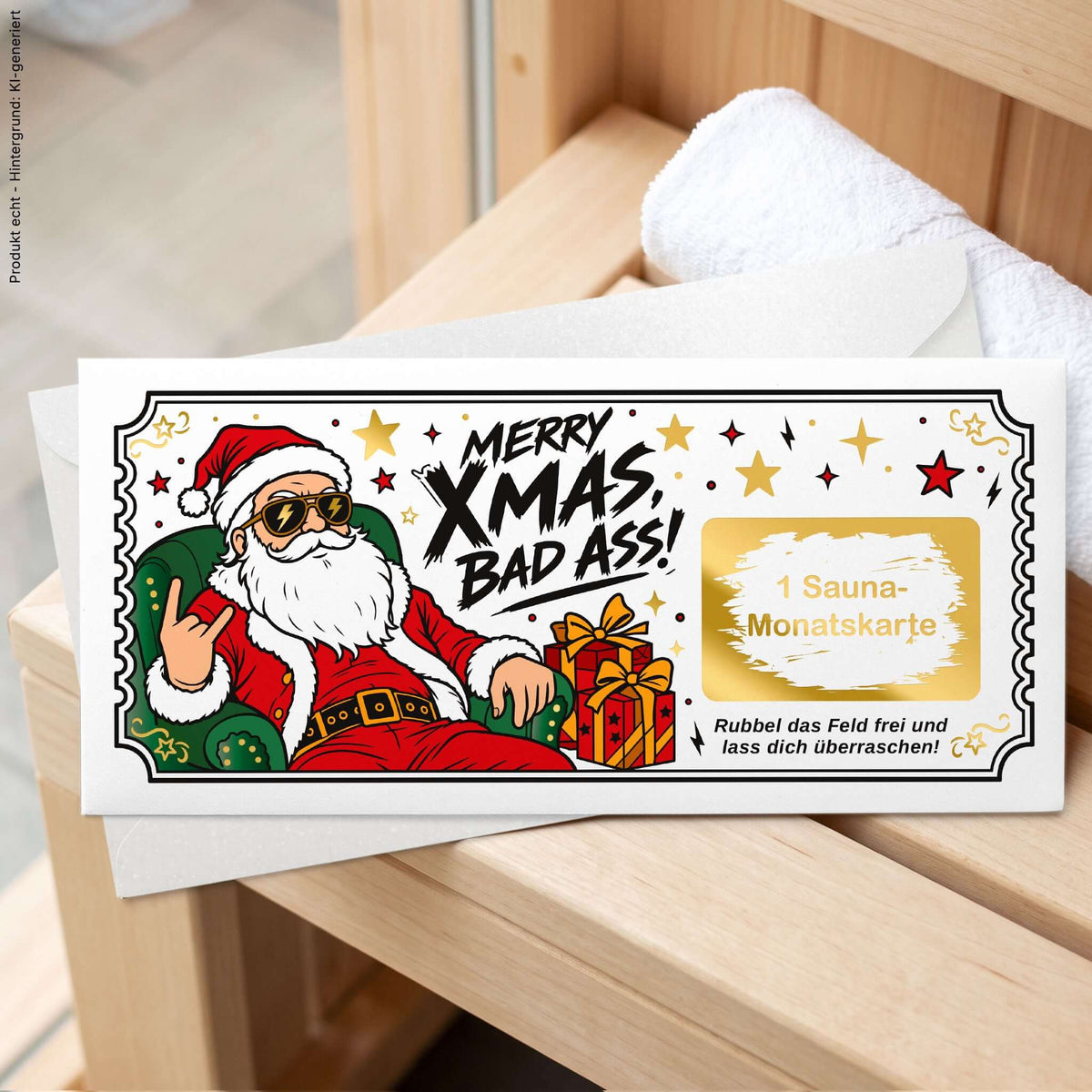 Rubbelkarte Merry Xmas Bad Ass mit Wunschtext Sauna-Monatskarte auf weißem Umschlag – KuschelICH