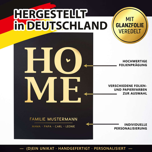Personalisiertes Familienposter HOME – mit Familienname & Namen | Folienprägung | DIN A4 auf mattem Papier in goldfarbenem Foliendruck.