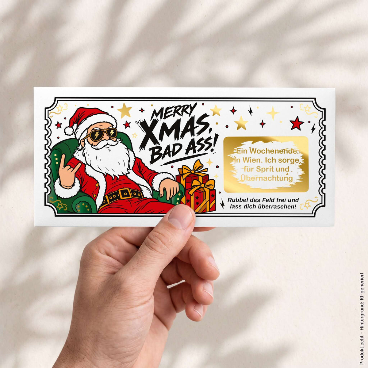 Hand hält Rubbelkarte Merry Xmas Bad Ass mit Wunschtext Wochenendtrip im goldenen Rubbelfeld – DIN lang – KuschelICH