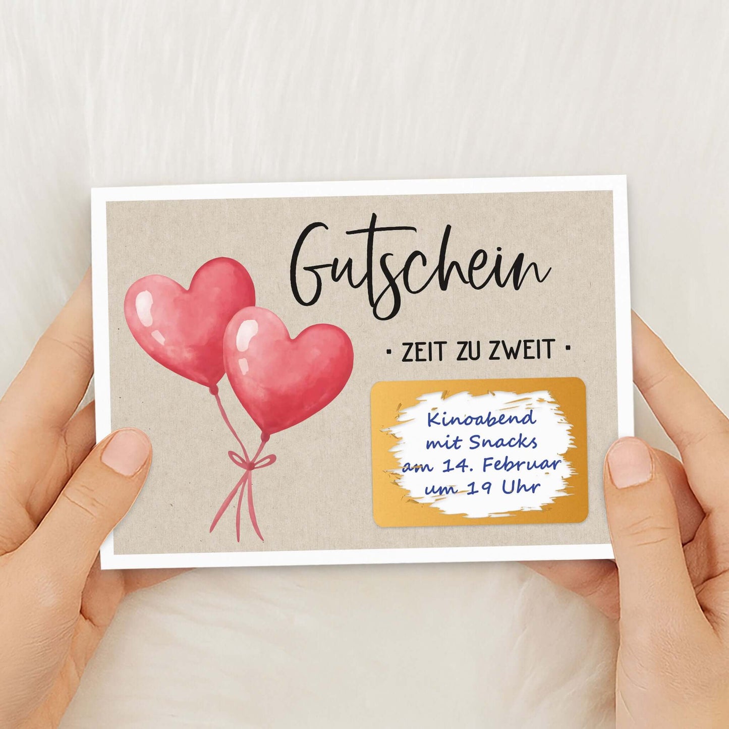 Rubbel Gutschein Zeit zu Zweit mit Herzballons und Gutscheintext für ein besonderes Ereignis.