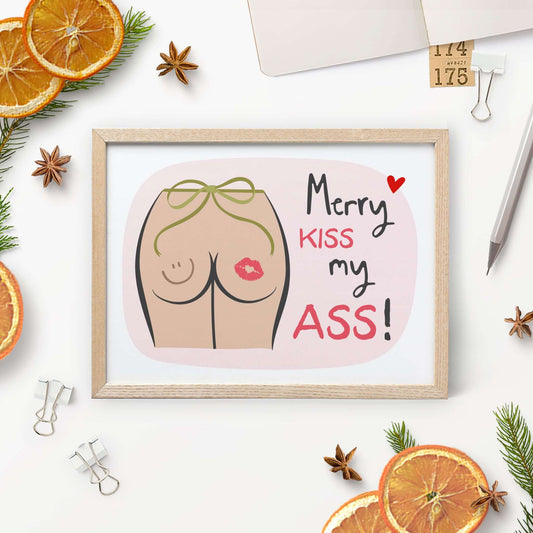 Böse Weihnachtskarte "Merry Kiss my Ass!" - Motiv: Hinterteil mit Lippenstift-Kussmund