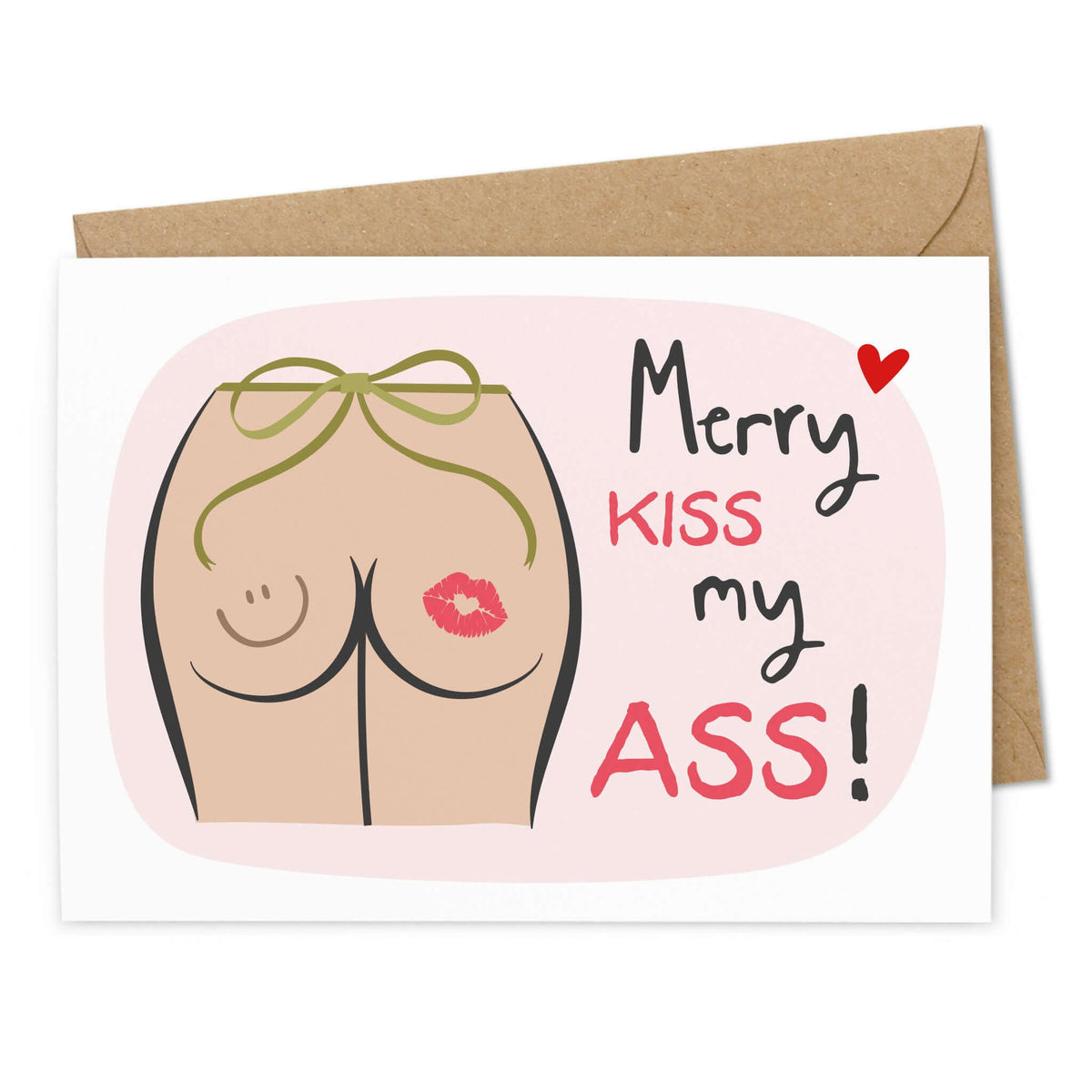 Böse Weihnachtskarte "Merry Kiss my Ass!" - Ansicht Vorderseite - Hinterteil mit Lippenstift-Kussmund