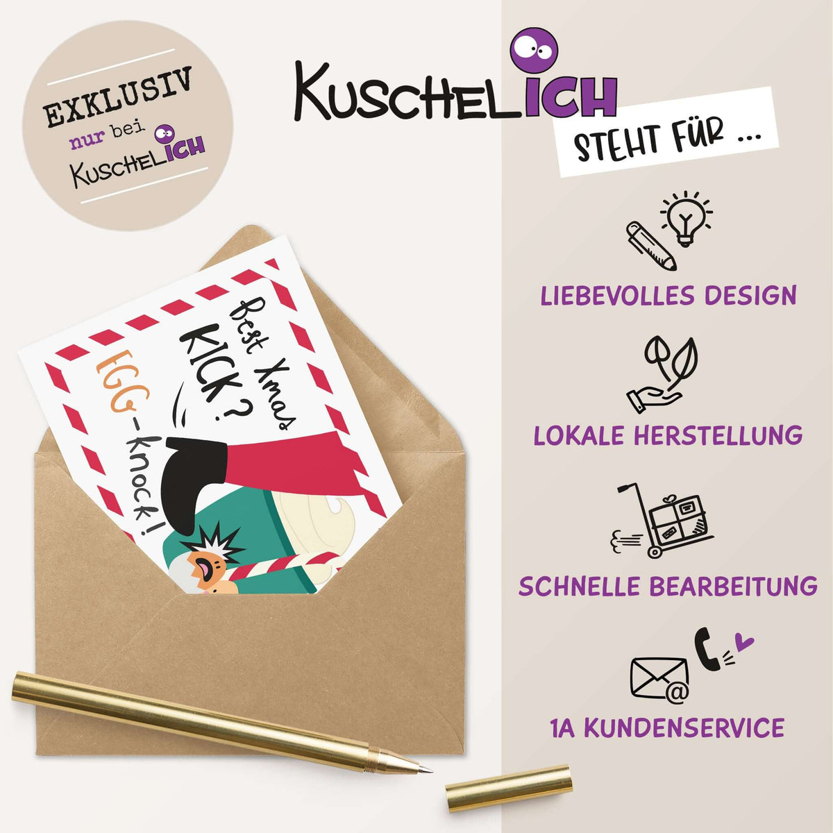 Lustige Weihnachtskarte "Best X-Mas Kick? EGG-Knock!" - Qualitätsmerkmale