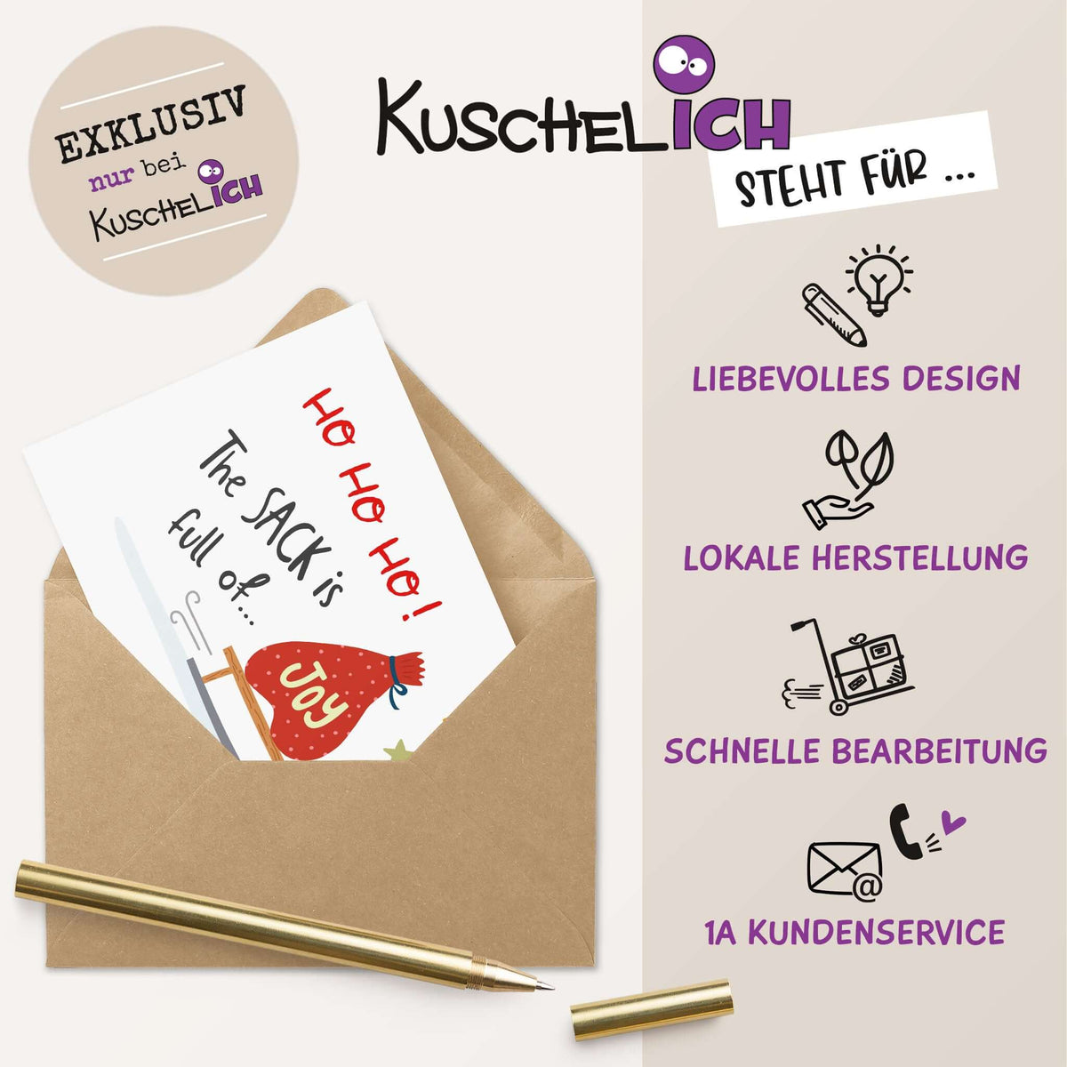Lustige Weihnachtskarte "Sack full of Joy" - Qualitätsmerkmale