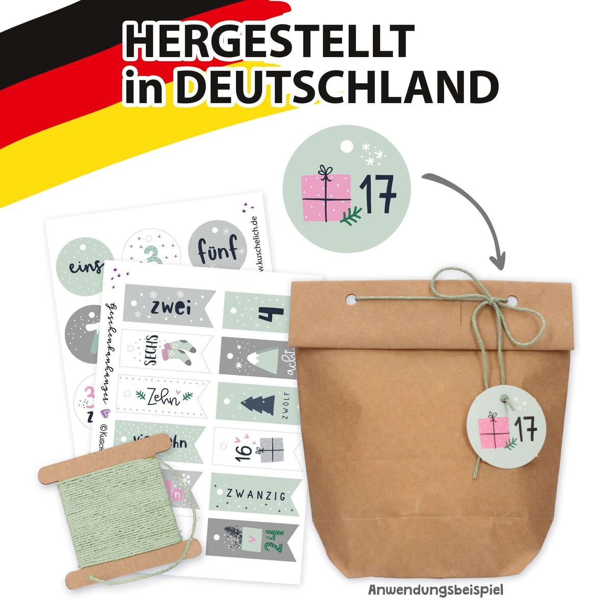 Anwendung an Kraftpapiertüte mit Zahl 17, Set hergestellt in Deutschland