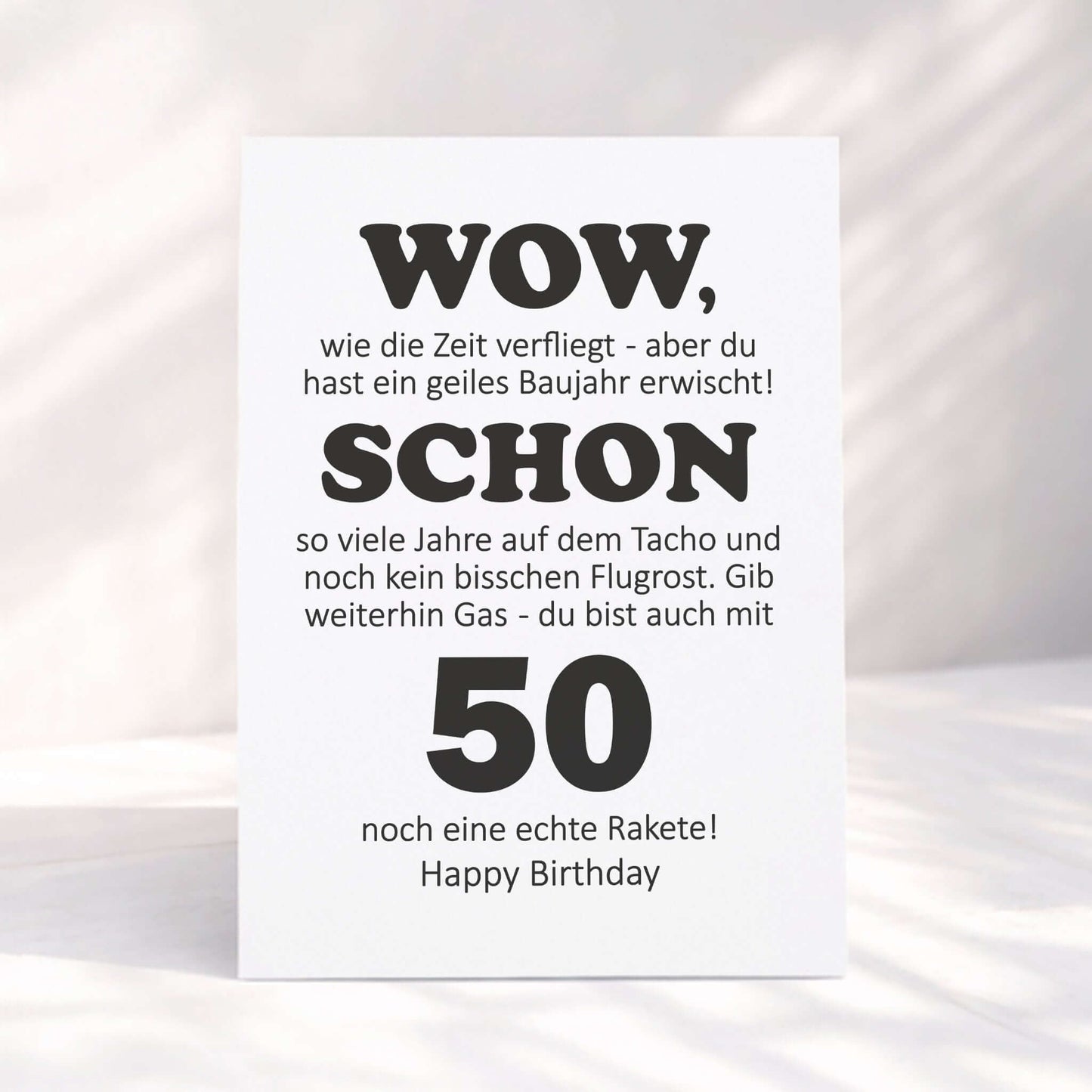 Klappkarte 50. Geburtstag auf Rattanmatte mit Olivenzweig – KuschelICH