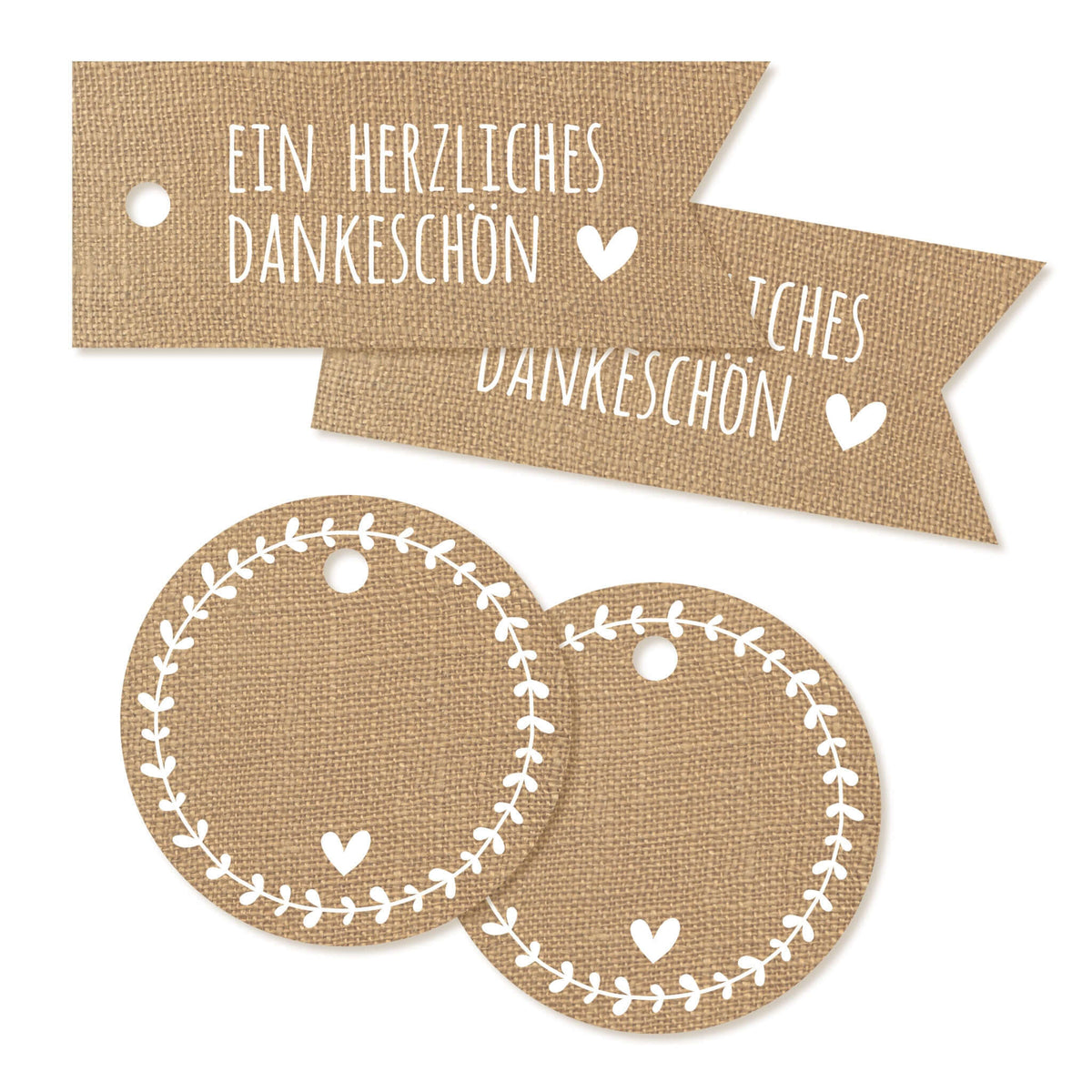 Geschenkanhänger im Jute-Look mit Aufdruck „Ein herzliches Dankeschön“ in rund und rechteckig