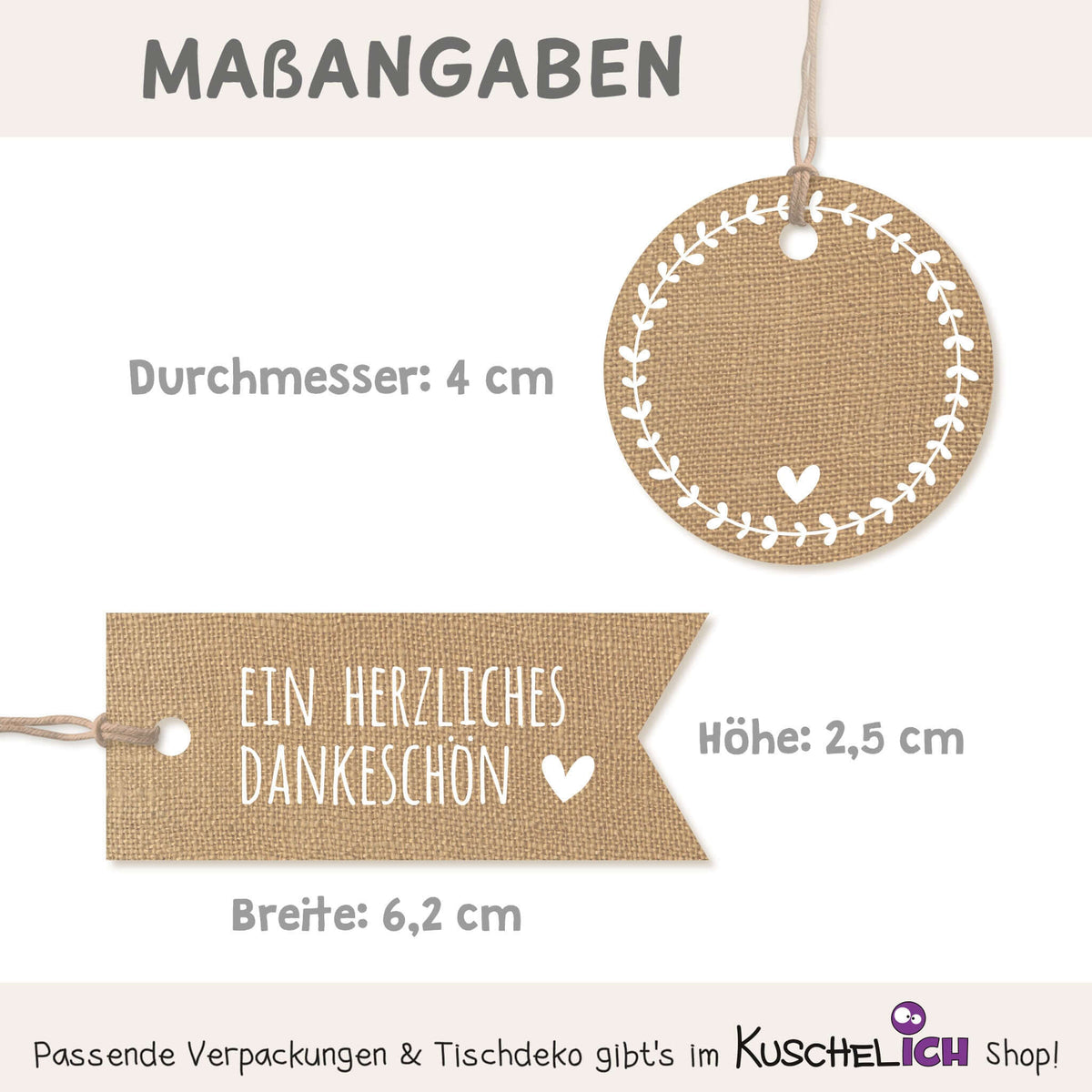 Größenübersicht der Anhänger im Jute-Look – rund Ø 4 cm, rechteckig 6,2 x 2,5 cm