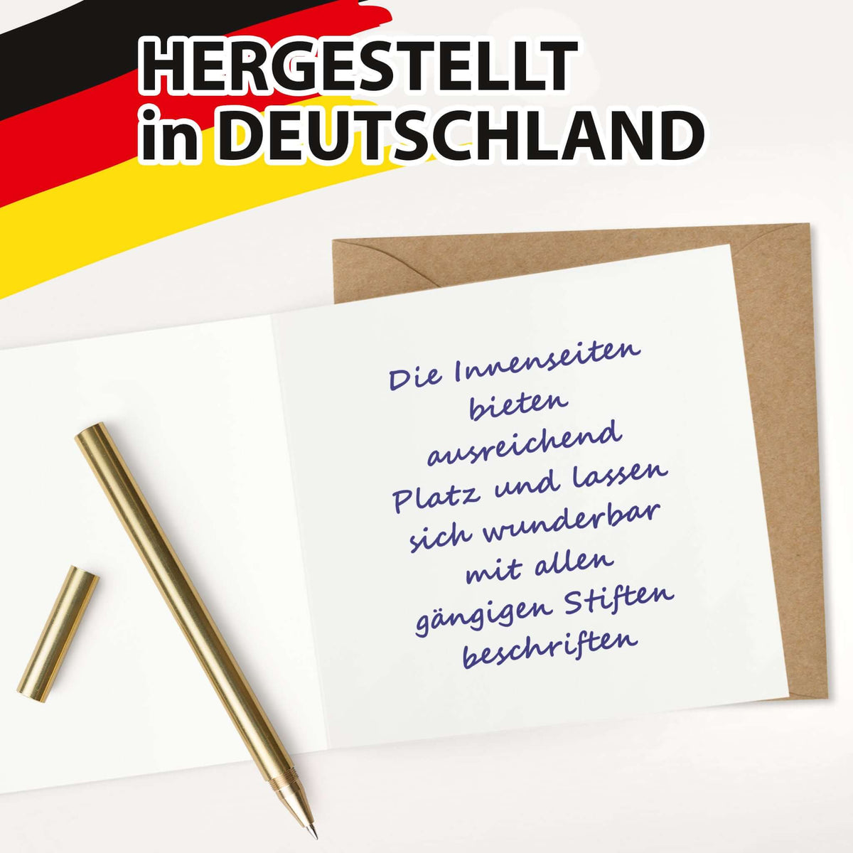 Innen blanko, viel Platz für Text – beschreibbar mit allen Stiften