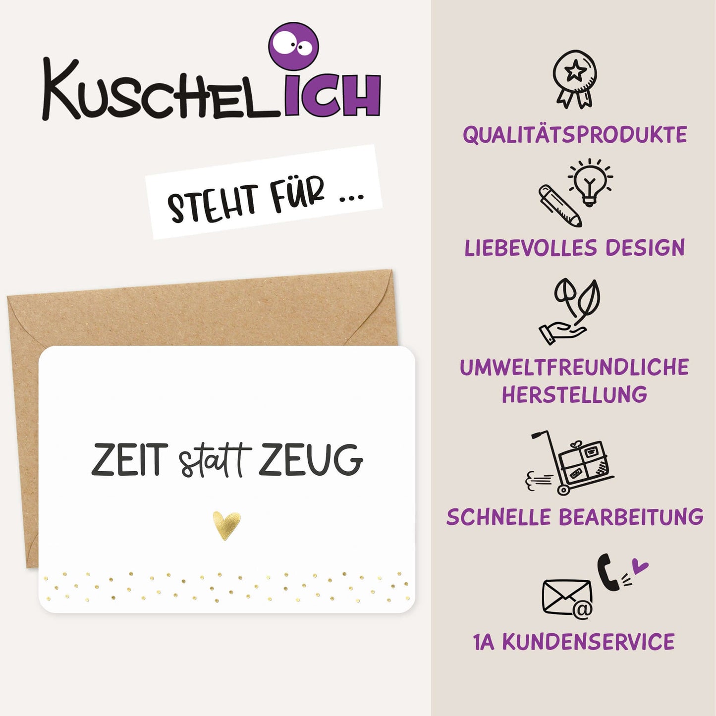 Grußkarte „Zeit statt Zeug" mit Goldfolienprägung & Kraftpapierumschlag – Qualitätsmerkmale