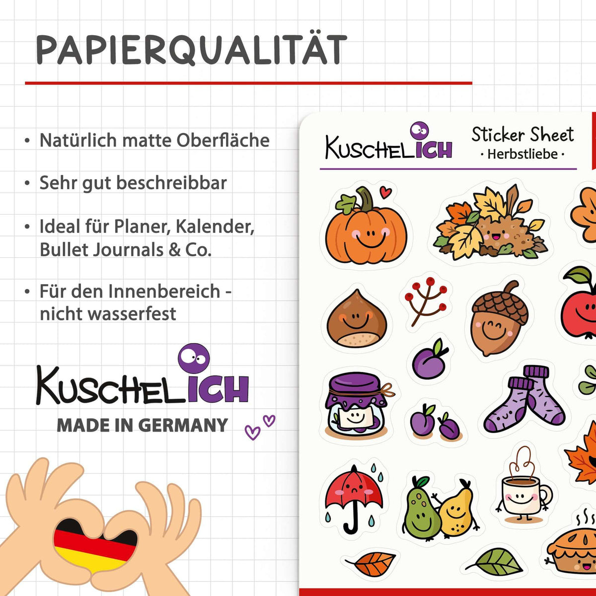Infografik Papierqualität: matt, beschreibbar, für den Innenbereich, Made in Germany