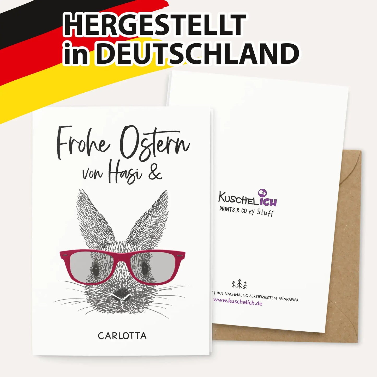 Witzige Klappkarte mit Hase, Name und Ostergruß – personalisierbar