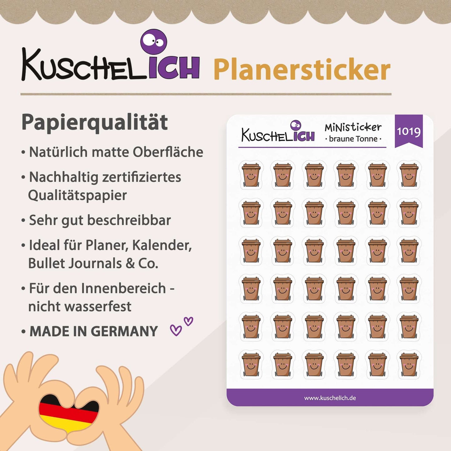 Papierqualität und Infos zu den braunen Tonne Stickern