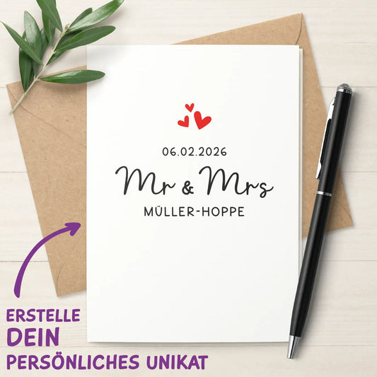 Mr & Mrs Hochzeitskarte mit Datum und Nachnamen personalisiert