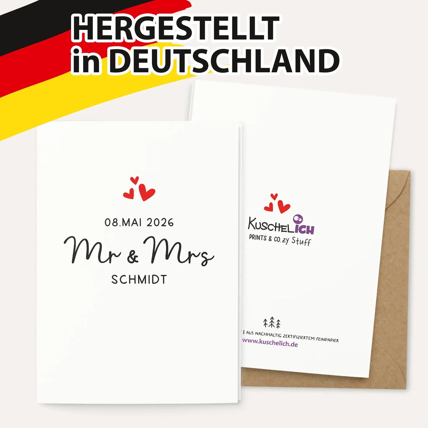 Hochzeitskarte Mr & Mrs mit deutschem Produktionshinweis