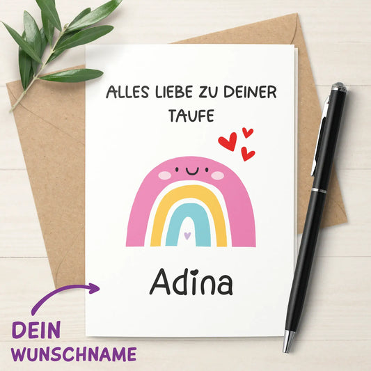 Klappkarte zur Taufe mit Wunschname und buntem Regenbogen.