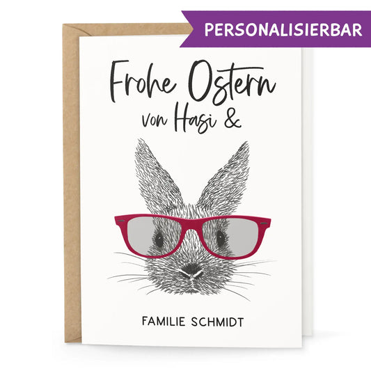 Lustige Osterkarte mit personalisierbarem Namen und Hase mit roter Brille