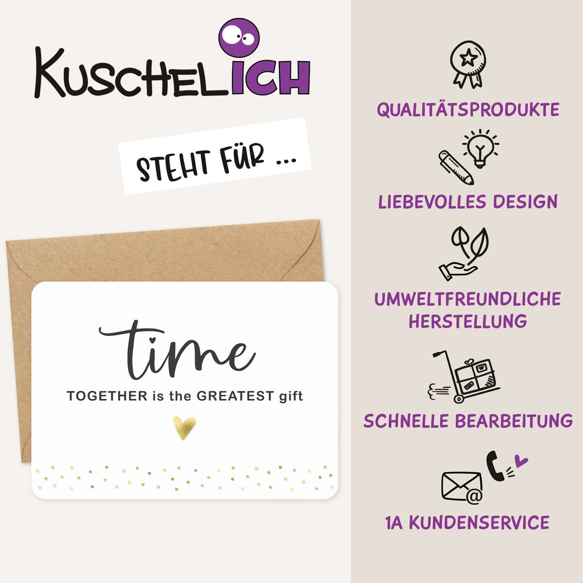 Postkarte „Time Together" mit Goldfolienprägung | Grußkarte A6 quer inkl. Umschlag auf Kraftpapier.