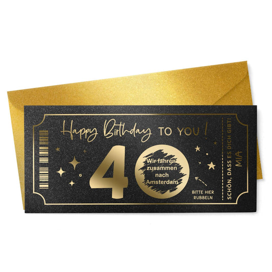 Rubbelkarte zum Geburtstag mit Goldfolienprägung, schwarz-gold mit goldenem Umschlag – personalisierbar, DIN lang
