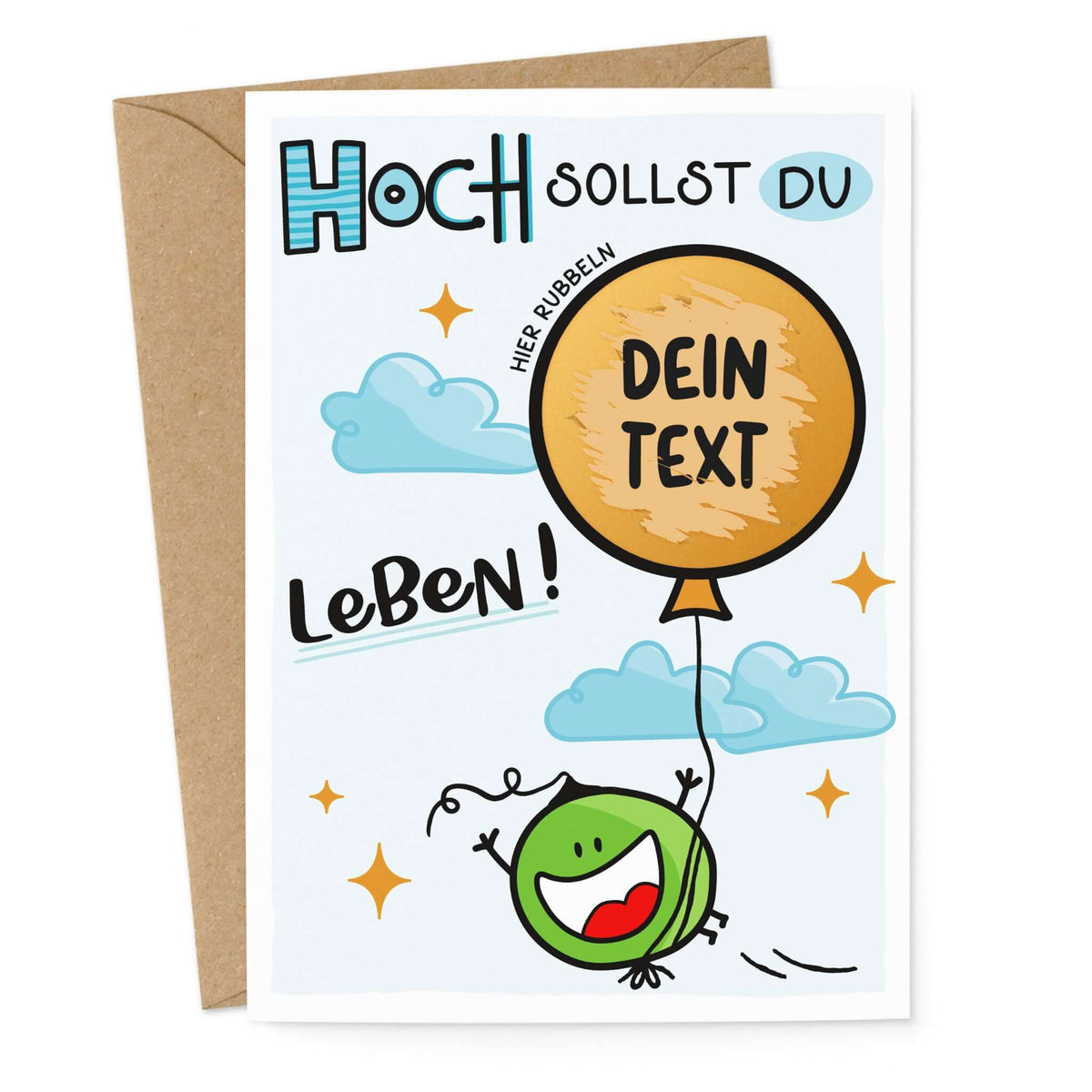 Rubbelkarte Hoch sollst du leben mit einer lachenden Erbse und einem goldenen Ballon, ideal für persönliche Glückwünsche.