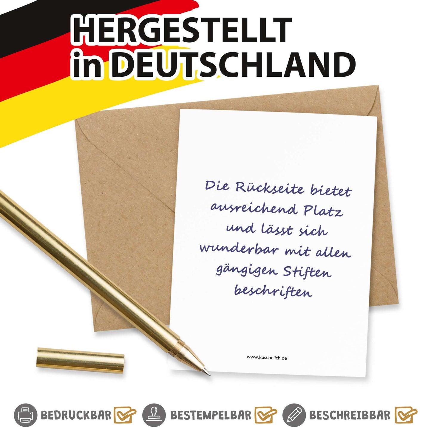 Rückseite der Rubbelkarte mit Umschlag und Stift