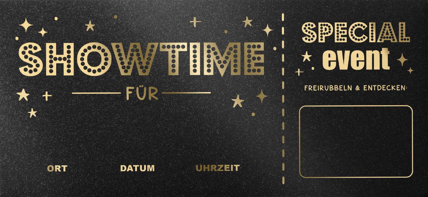 Übersicht Personalisierungsoptionen der Showtime Rubbelkarte – Name, Ort, Datum, Uhrzeit und Rubbeltext wählbar