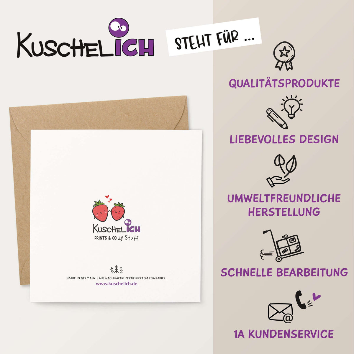 Rückseite der Karte mit Logo, nachhaltige Herstellung in Deutschland