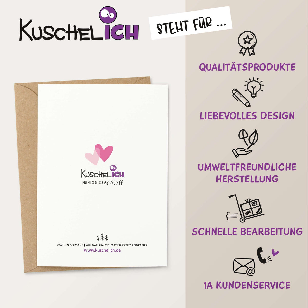 Rückseite der Grußkarte Always & Forever mit Kuschelich Logo und Nachhaltigkeitshinweis