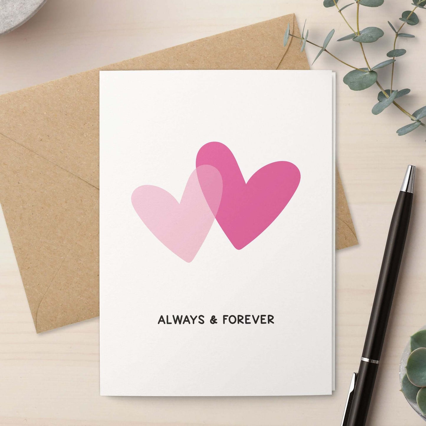 Valentinstagskarte Always & Forever mit zwei Herzen und nachhaltigem Umschlag