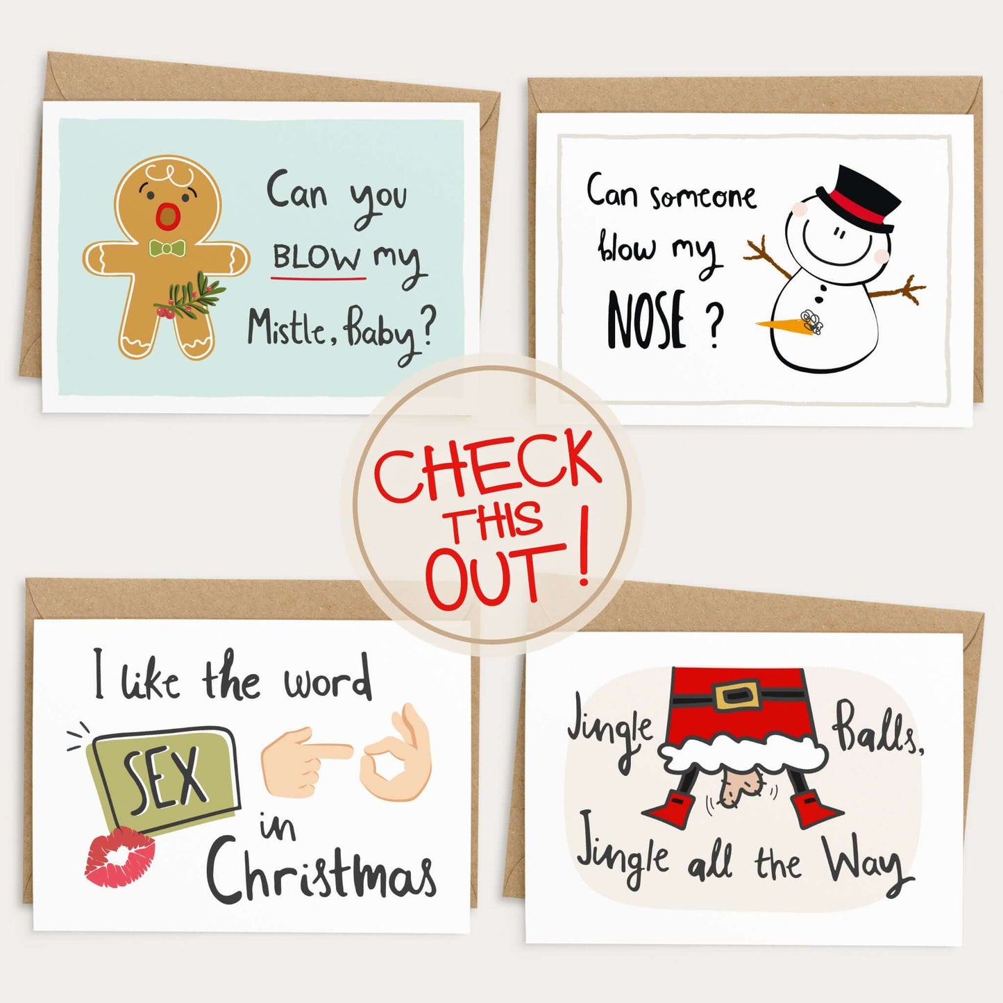 viele lustige Weihnachtskarten mit Umschlag