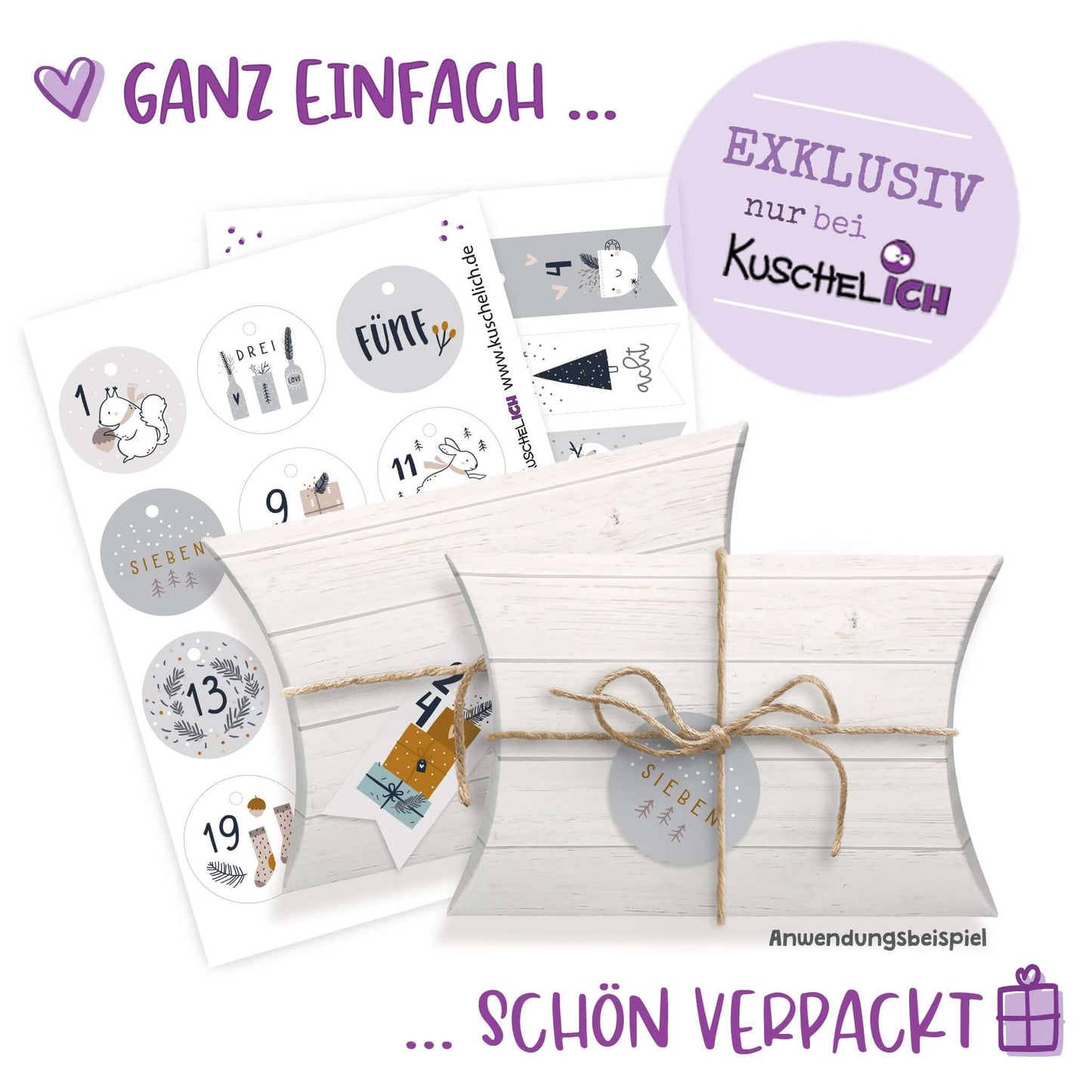 Bögen mit Zahlenanhängern im Hygge-Stil, schön verpackt als Geschenkidee