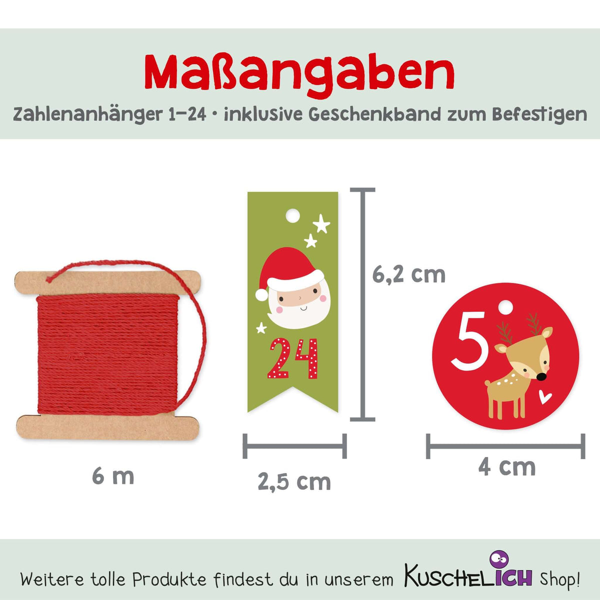 Größenangaben der Anhänger und 6 m rote Kordel