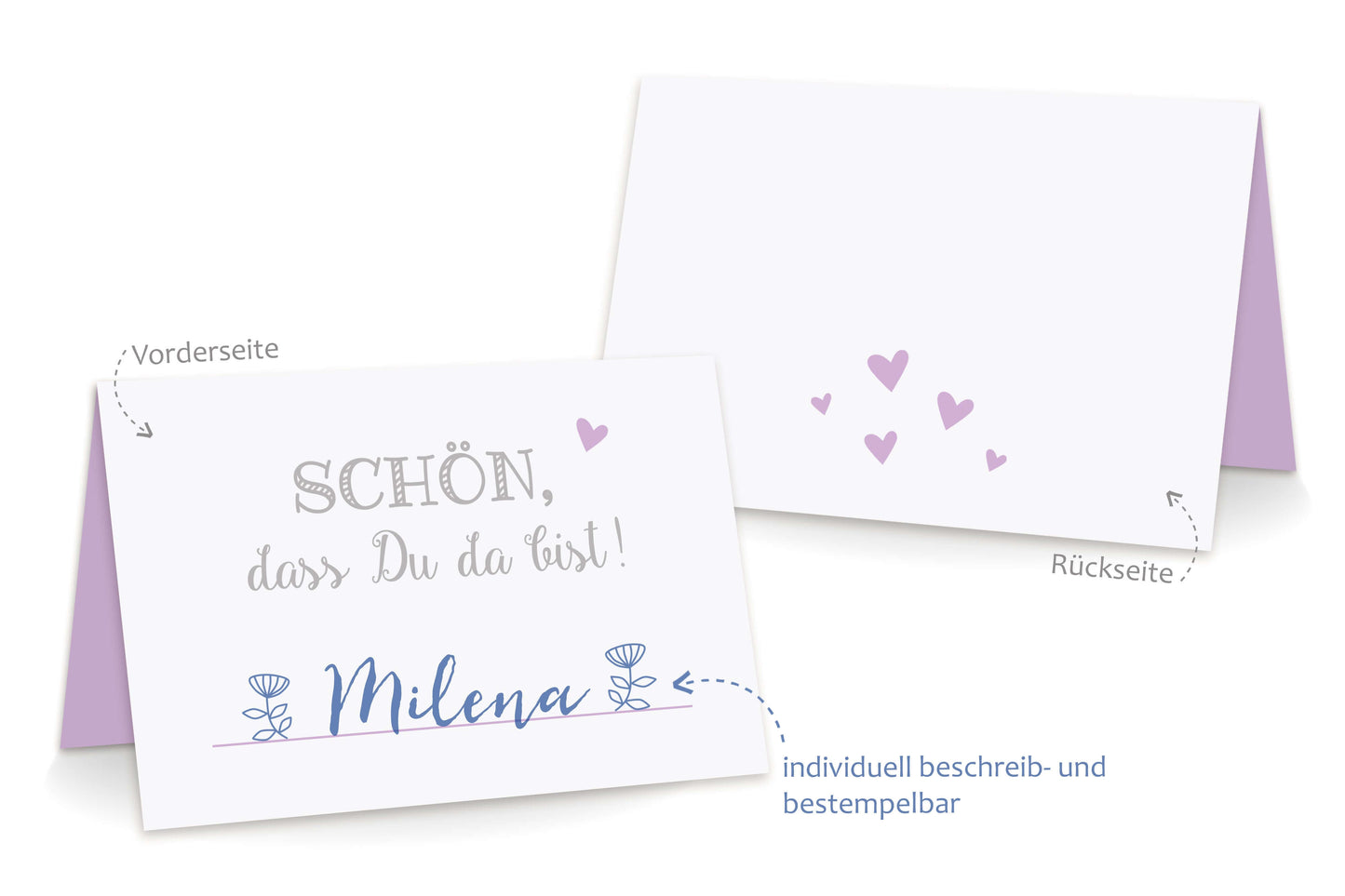 Beschriftung Tischkarten "Schön, dass Du da bist!" lila flieder