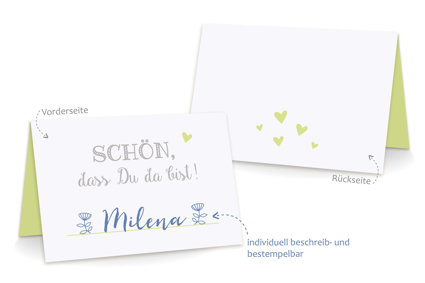 Beschriftung Tischkarten "Schön, dass Du da bist!" hellgruen