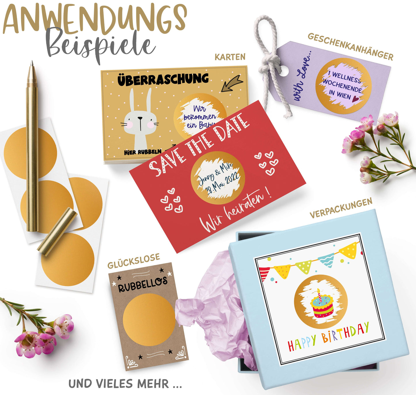 Anwendungsbeispiele Rubbeletiketten zum Aufkleben, Rubbelaufkleber, Scratch Off Sticker