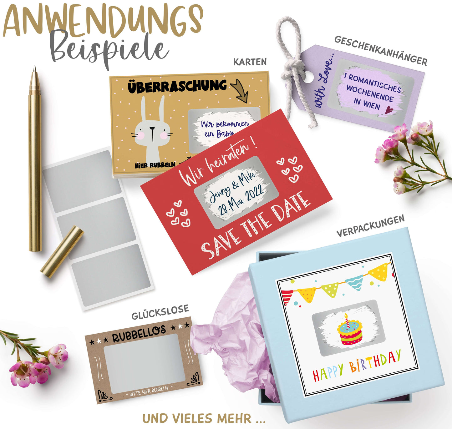 Anwendungsbeispiele Rubbeletiketten zum Aufkleben, Rubbelaufkleber, Scratch Off Sticker