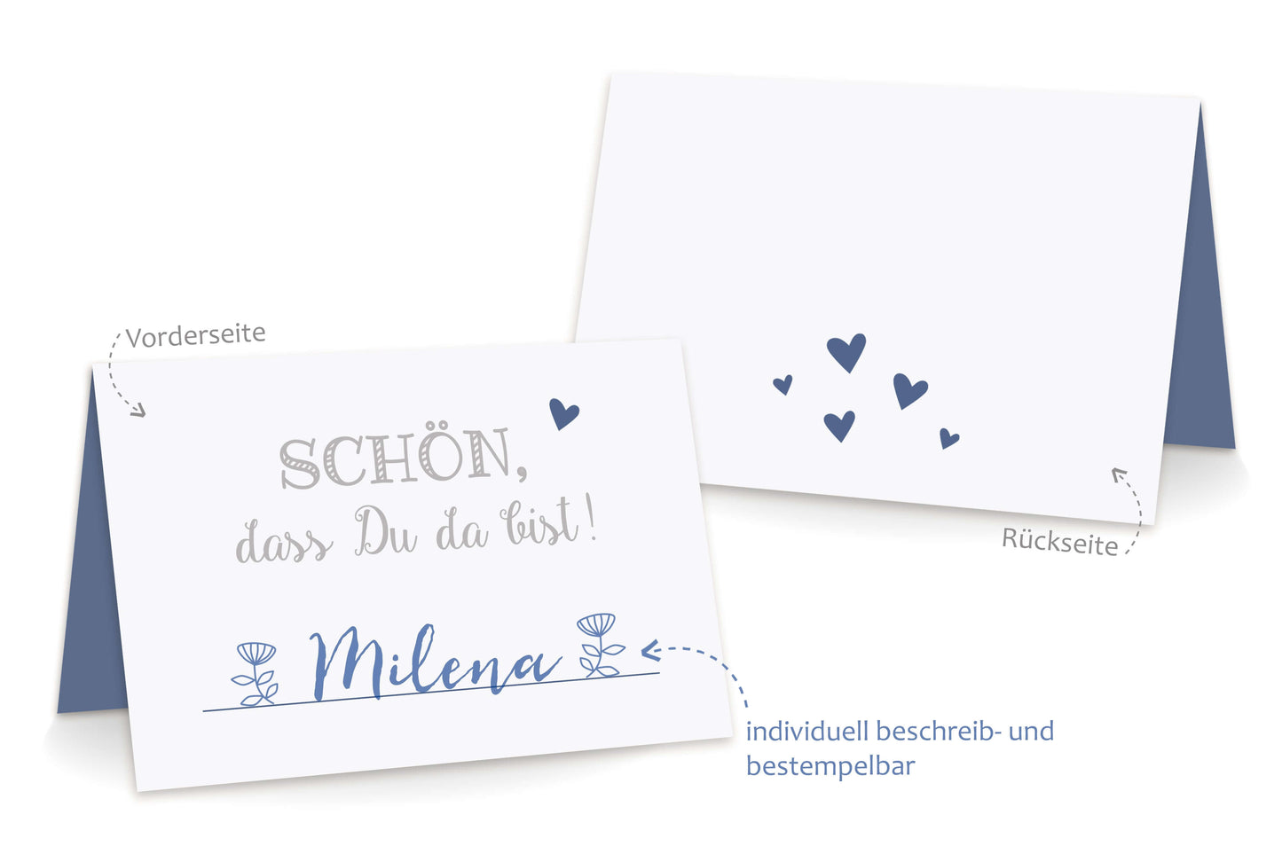 Beschriftung Tischkarten "Schön, dass Du da bist!" blau