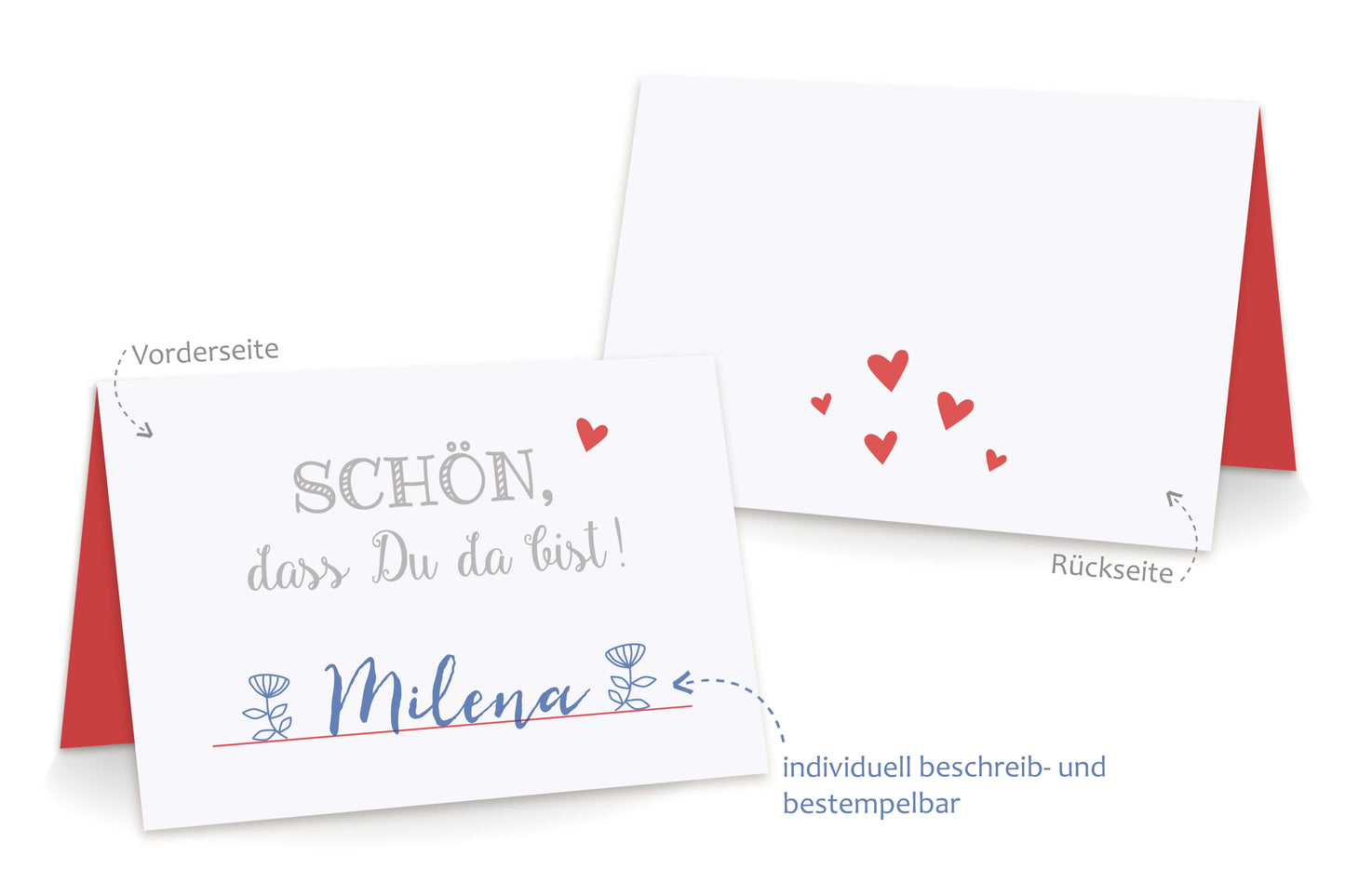 Beschriftung Tischkarten "Schön, dass Du da bist!" rot