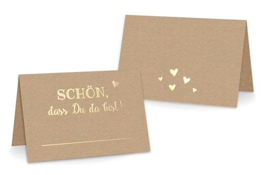Rueckseite Tischkarten "Schön, dass Du da bist!" Kraftpapier mit gold