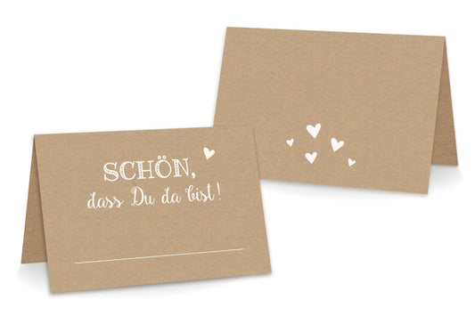 Rueckseite Tischkarten "Schön, dass Du da bist!" Kraftpapier weiß bedruckt