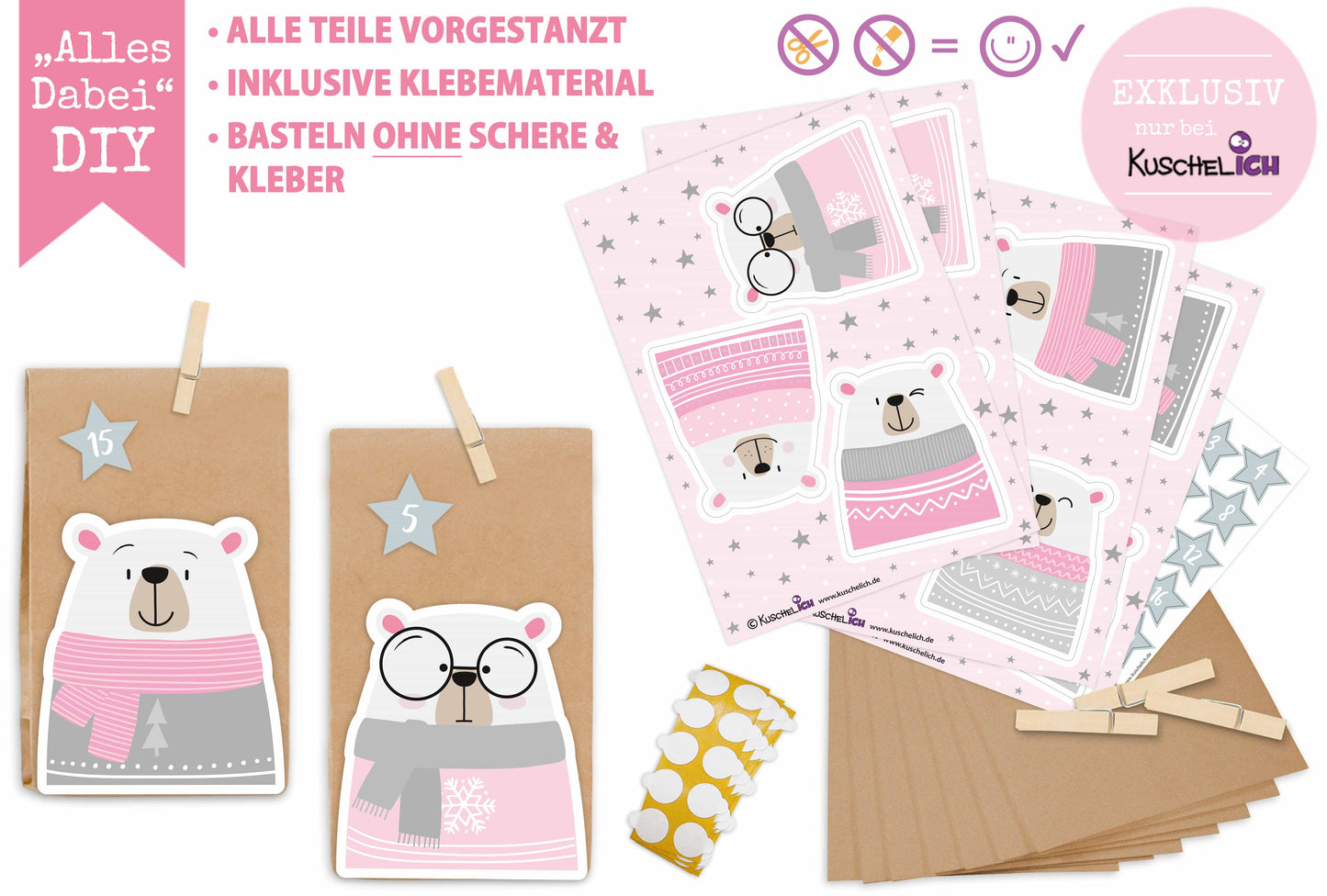 Adventskalender Polarbär rosa Bestandteile