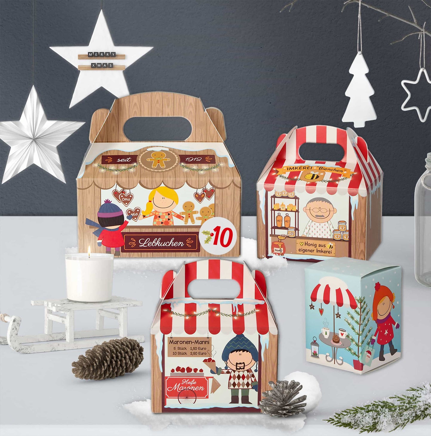 Adventskalender zum Befüllen "Weihnachtsmarkt" Dekorationsbeispiel