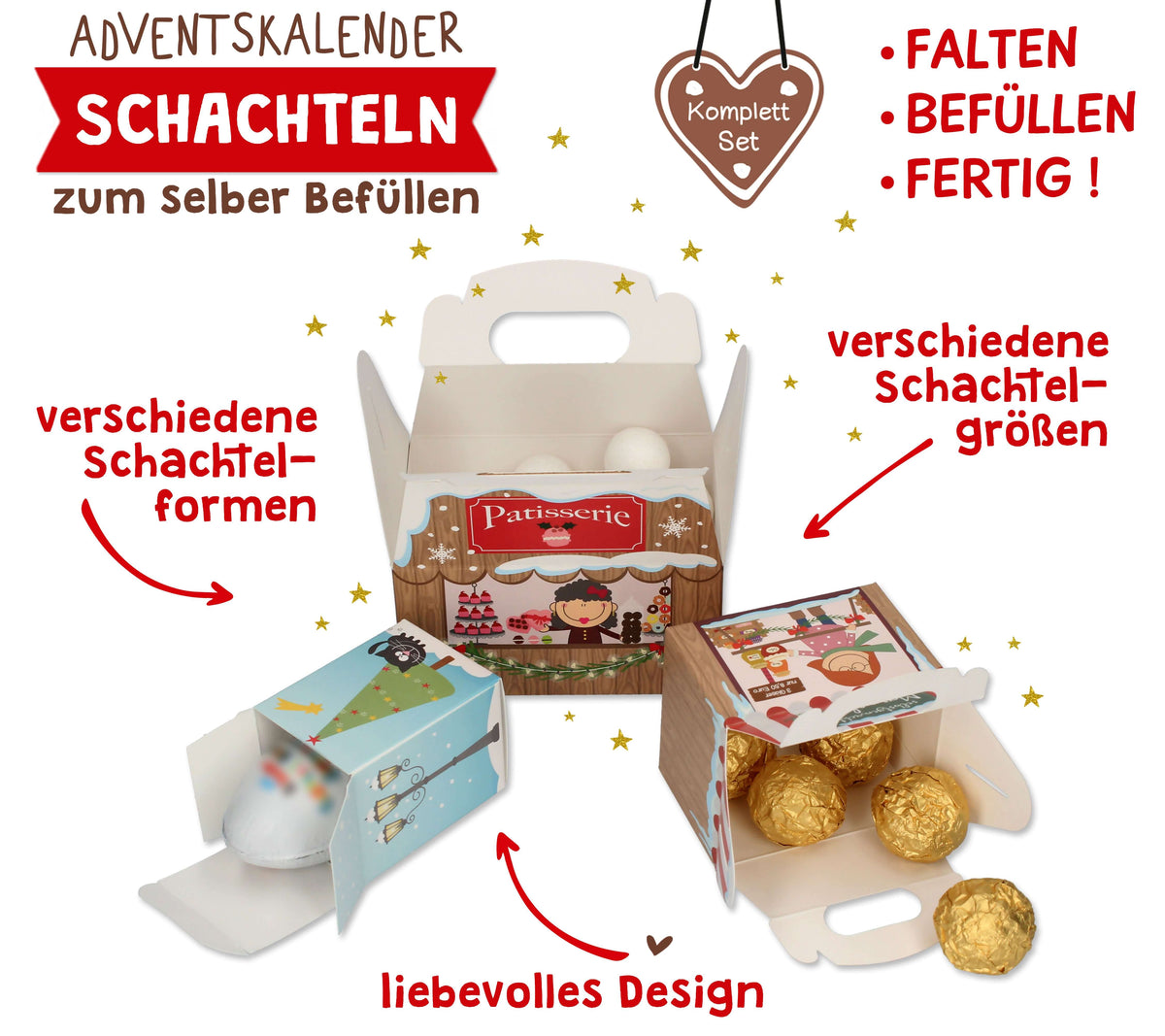 Adventskalender zum Befüllen "Weihnachtsmarkt" Schachteln Anwendungsbeispiel