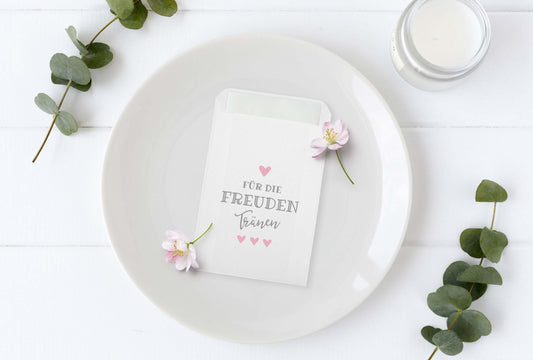 Dekorationsbeispiel Freudentränen Taschentücher Hüllen "Für die Freudentränen" rosa