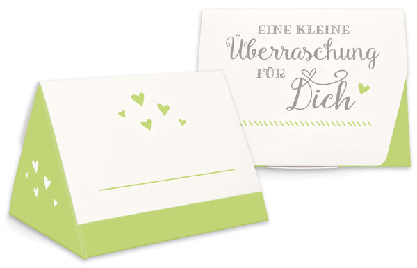 Geschenkschachtel für Gastgeschenk Hochzeit grün Vorderseite Rückseite