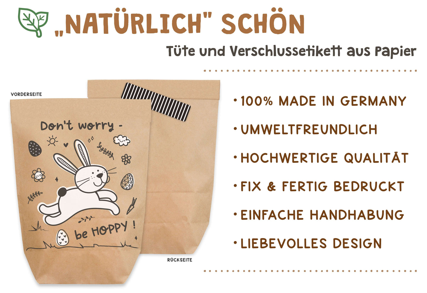 Ostertüte "Don´t Worry" Kraftpapier weiss bedruckt Qualitätsmerkmale